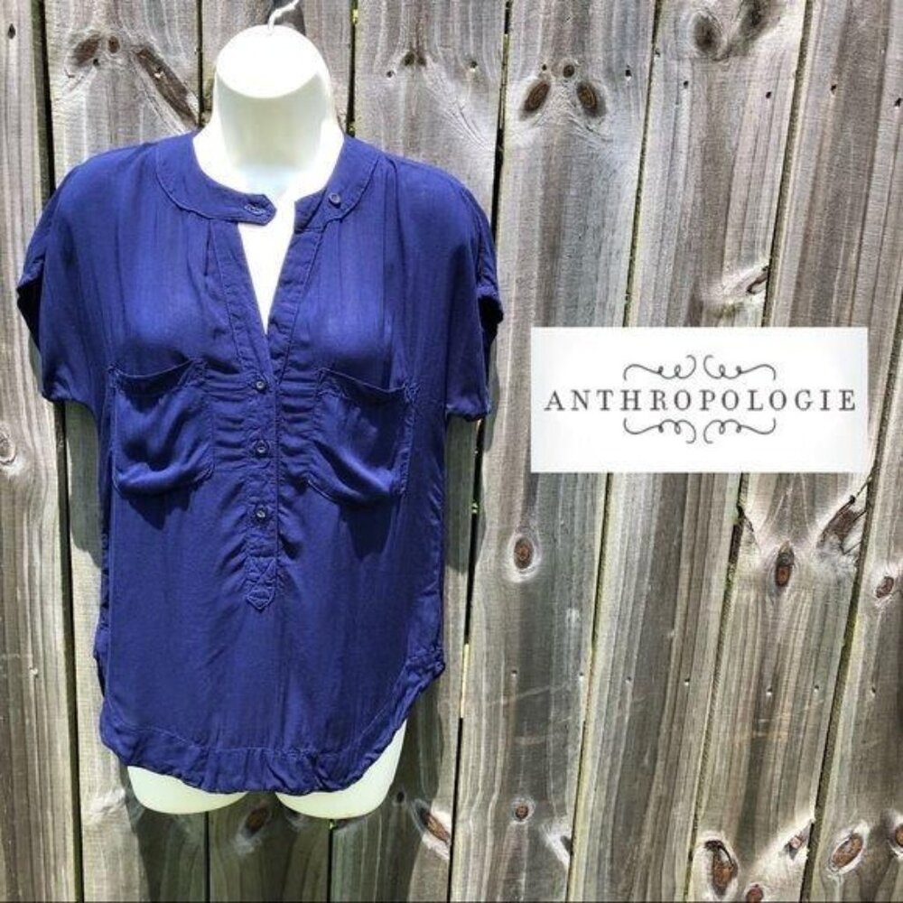 Anthropologie Cloth & Stone Top XS Blouse Henley Button Blue Navy High Low Shirt